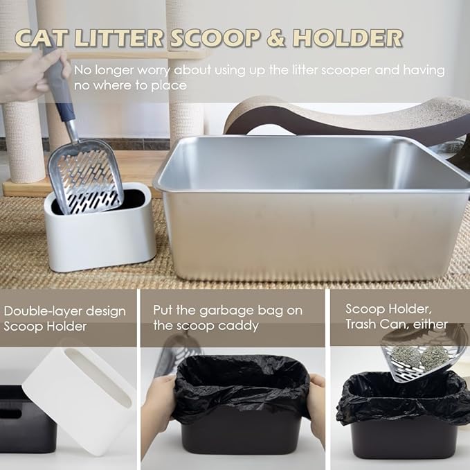 Heavy-Duty Metal Cat Litter Scoop with Holder, Aluminum Cats Litter Scooper Captures All Clumps, Kitty Metal Scooper and Holder (White)-Mewly Pet