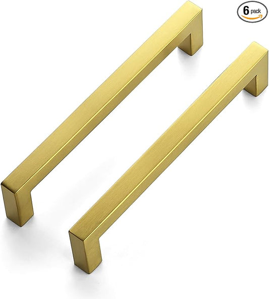 JOY DECOR 6 Pack Cabinet Handles, Gold Cabinet Pulls, 6-1/4 Inch Kitchen Closet Handles Square Drawer Pulls Stainless Steel Drawer Hardware, 160mm Hole Centers