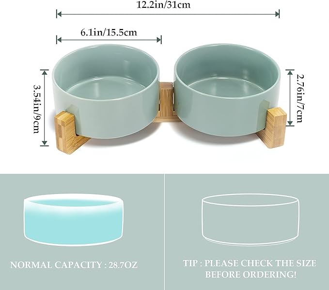 SPUNKYJUNKY Ceramic Dog and Cat Bowl Set with Wooden Stand, Modern Cute Weighted Food Water Set for Small Size Dogs (13.5OZ) & Medium Sized Dogs (28.7OZ) & Cats (3.6 Cups, 2 × Morandi Green)-Mewly Pet