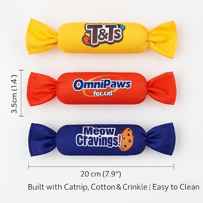 Catnip Candy Toys for Indoor Cats – 3-Pack Crinkle Cat Toys with Catnip Pouches, Durable Canvas & Soft Filling, Cat Chew Toys for Kittens & Adults (Mix Color)-Mewly Pet
