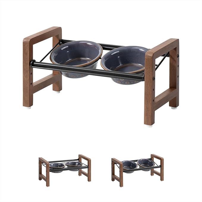 5.5inch Ceramic Adjustable Raised Double Bowls Set with Stand, 3 Heights Elevated, 2 Placement Options, Food and Water Dishes for Puppy, Cats（Double Bowls+Stand, Reactived Glaze -Grey-Mewly Pet