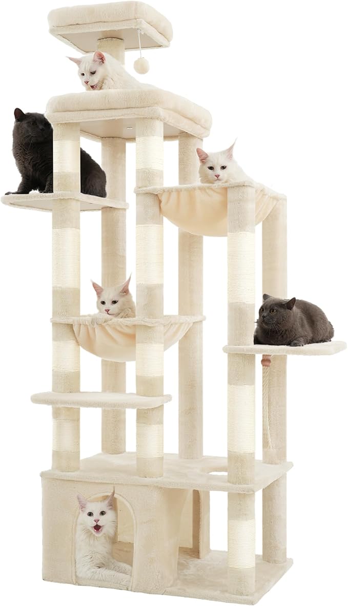 Heybly Heavy Duty Cat Tree, 71-Inch Tall Tower for Large Maine Coon with Extra-Large Baseboard, Cat Condo Furniture with Multi-Level Platforms, 2 Hammocks and 12 Scratching Posts, Beige HCT037M-Mewly Pet