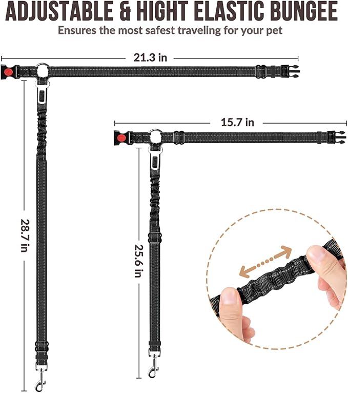 SlowTon Dog Seat Belt for Car, 2 Pack Dog Car Harness Seatbelt Adjustable with Elastic Bungee Buffer, 2 in 1 Pet Car Leash Headrest Restraint Dog Reflective Safety Tether (S, Black, Headrest+Clip)-Mewly Pet