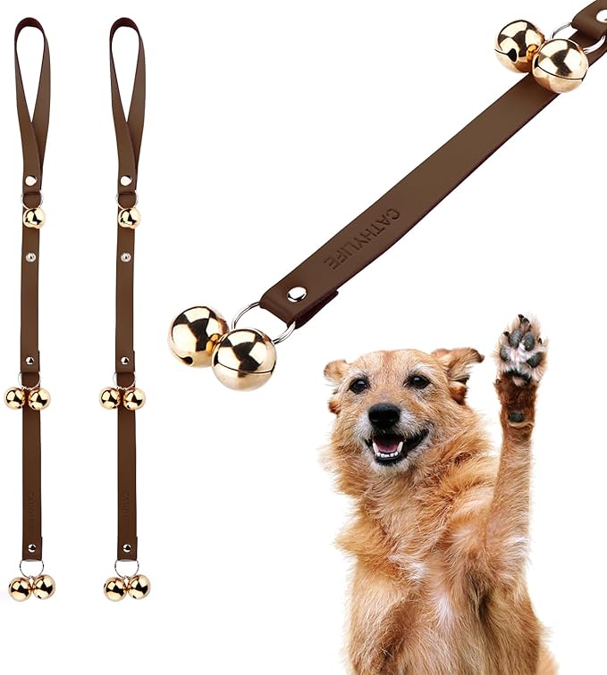 Leather Dog Doorbells for Door Knob/Potty Training/Go Outside, Length Adjustment Copper Dog Bell, Housetraining Hanging Bell, Dark Brown Leather Golden Bells - 2 Pack-Mewly Pet