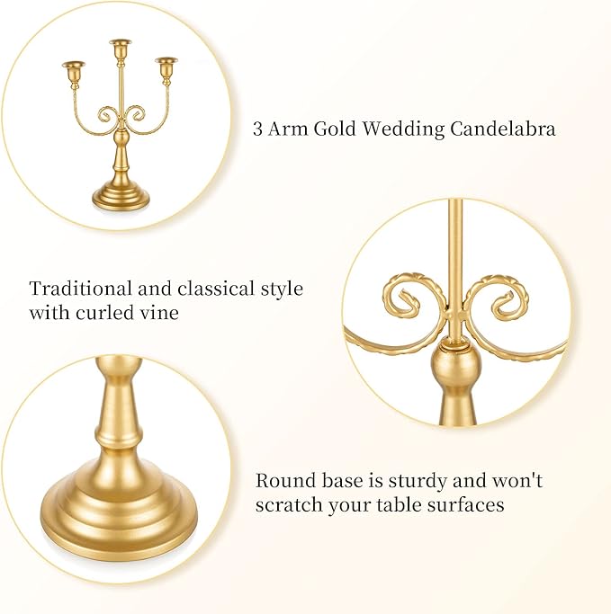 Romadedi Candelabra Gold Candle Holders - 3 Arm 11.8" Wedding Candlestick Holder for Theme Party Table Centerpiece Decor Dining Room Birthday Holiday Christmas, Set of 2
