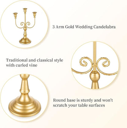 Romadedi Candelabra Gold Candle Holders - 3 Arm 11.8" Wedding Candlestick Holder for Theme Party Table Centerpiece Decor Dining Room Birthday Holiday Christmas, Set of 2