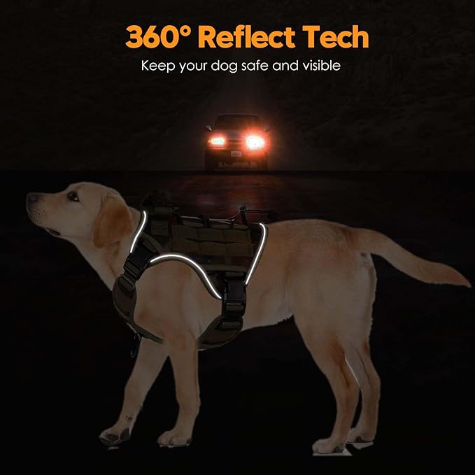 Heavy-Duty Tactical Dog Harness for Large Dogs, No Pull Adjustable Reflective Pet Vest with Molle System, K9 Military-Grade Control for Service Training, Outdoor & 10+ Breeds, Green Camo, Medium-Mewly Pet