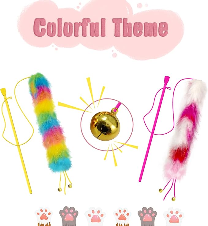2 Pack Cat Wand Toy, Rainbow Cat Feather Toys with Bells, Teaser Wand with Soft Furry Tail, Interactive Toys for Indoor Cats & Kitten & Kitty-Mewly Pet