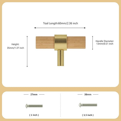 Wooden Drawer Pulls,10-Pack Beech Wood Drawer Handles Knobs,Suitable for Kitchen, Living Room, Bedroom, Bathroom and Other Scenes,Gold