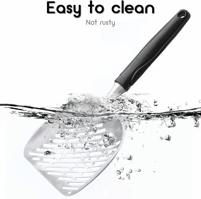 Cat Litter Scoop,Long Handle Cat Scooper,Stainless Steel Metal Scoop,Poop Sifting,Mesh Shovel,Suitable for Cat Litter Box(Black)-Mewly Pet