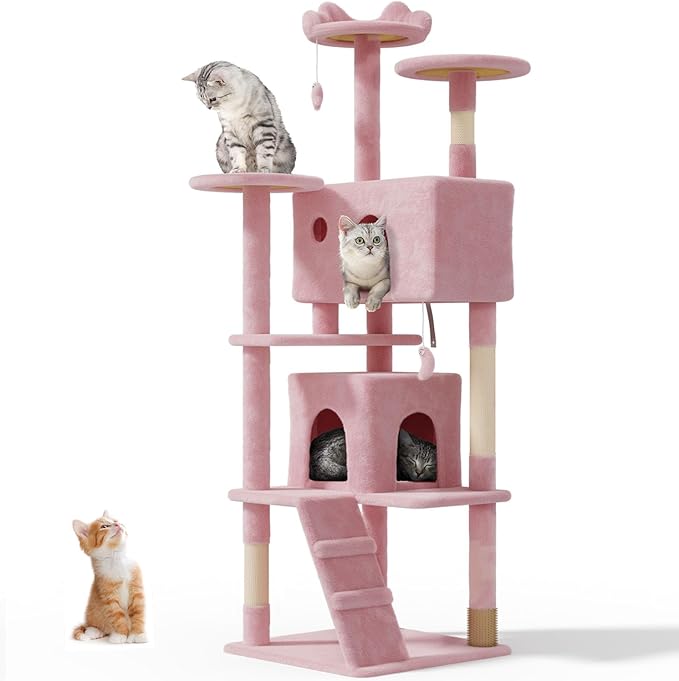 70'' Cat Tree Tower for Indoor Cats Large Adult,Cute/Tall Modern Cat Tree for Big Cats 20 lbs,Plush Multi-Level Cat Condo with Scratching Posts,Dangling Ball for Fun Play(Soft Pink, 70 inch)-Mewly Pet