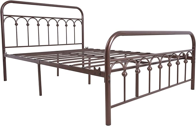 YALAXON Vintage Sturdy Full Size Metal Bed Frame with Headboard and Footboard Basic Bed Frame No Box Spring Needed，Antique Brown