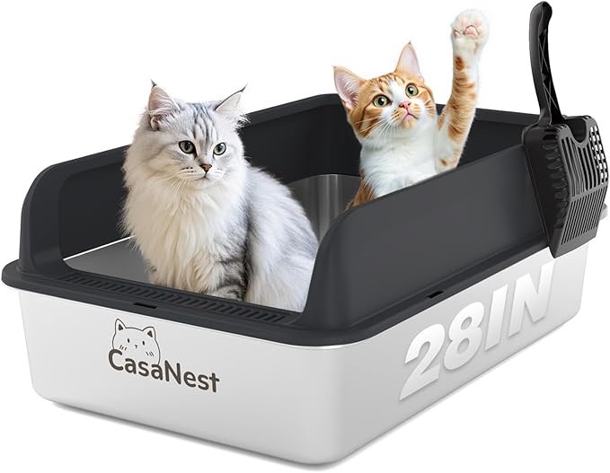 XXXL Stainless Steel Cat Litter Box 28.1''×20.5''× 10.1” Extra Large Metal Cat Litter Box for Big, Multi Cats, Anti-Leakage & Non-Stick Metal Pan, Easy to Clean, Durable (Black-Mewly Pet