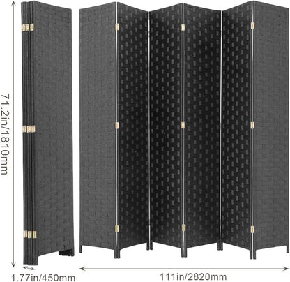 Room Divider Wood Screen 6 Panel Folding Portable Partition Screens Wooden Mesh Woven Design Room Screen Divider for Home Office (Black)
