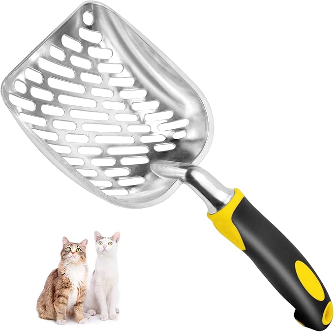 Cat Litter Scoop-Metal Cat Scooper-Long Handle Scoop,Cat Scooper-Poop Sifting-Mesh Shovel-Suitable for Cat Litter Box, (Yellow)-Mewly Pet