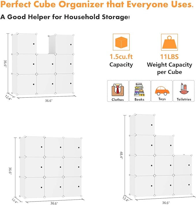 C&AHOME Cube Storage Organizer with Doors, 9-Cube Shelf, Closet Cabinet, DIY Plastic Modular Bookshelf, Storage Shelves Ideal for Bedroom,Living Room,36.6”L x 12.4”W x 36.6”H Milky USHS3009M-DOOR
