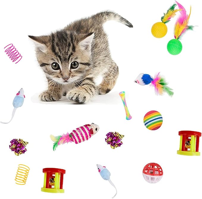 32Pcs Cat Toys Kitten Interactive Pet Toys Assortments, Foldable Rainbow Tunnel, Cat Feather Teaser Wand Interactive Feather Toy Fluffy Mouse Crinkle Balls Bell Play for Cat Puppy Kitty Kitten(2 way)-Mewly Pet
