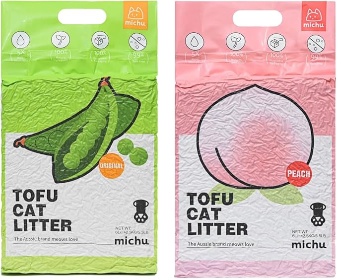 Tofu Cat Litter Natural Clumping Tofu Cat Litter, Fast Clumping and Easily Scoop-able 5.5lb/88oz 5 Scents - Original + Peach, 2 Pack-Mewly Pet
