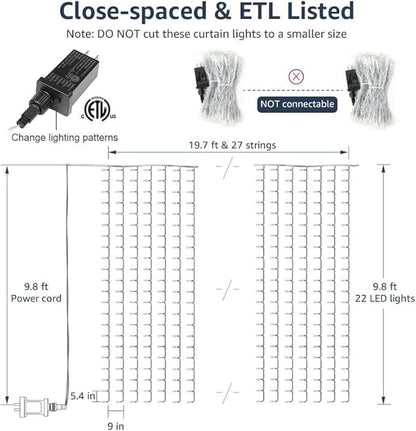 Lighting EVER 594 LED Curtain Lights, 20 x 10 ft Plug in Hanging Fairy String Lights, Wedding Party Backdrop Lights, Twinkle Lights for Wall, Patio, NOT Connectable (XL Size, 27 Strings, 9" Apart)