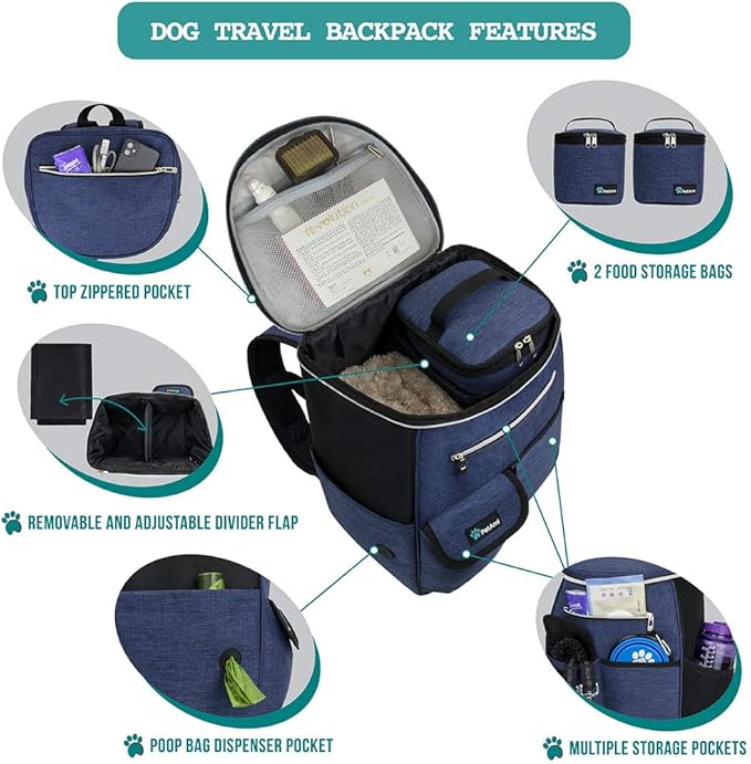 PetAmi Dog Travel Bag Backpack, Airline Approved Dog Bags for Traveling, Puppy Diaper Bag Supplies, Pet Camping Essentials Hiking Accessories Dog Mom Gift, Food Container, Collapsible Bowls, Navy Blue-Mewly Pet