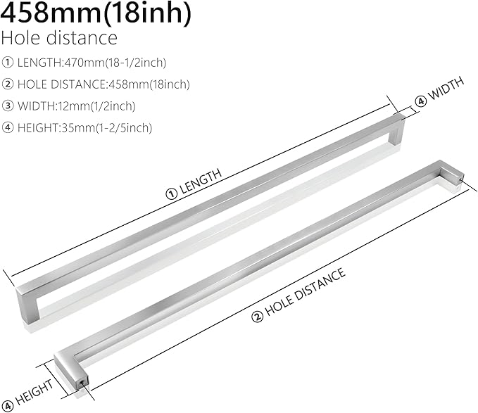 Cabinet Pulls Brushed Nickel Cabinet Handles Square Drawer Pulls, 5 Pack 18 Inch Stainless Steel Kitchen Door Cupboard Cabinet Handles, Cabinet Hardware Drawer Handles, 458mm Hole Centers