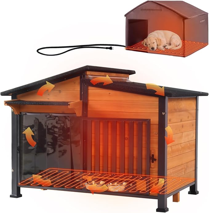 Heated Dog House Outdoor with Bowls Weatherproof Dog Kennel with Heating Pad Anti-Chewing Iron Frame Dog Shelter for Small Medium Dogs(Wooden Brown)-Mewly Pet