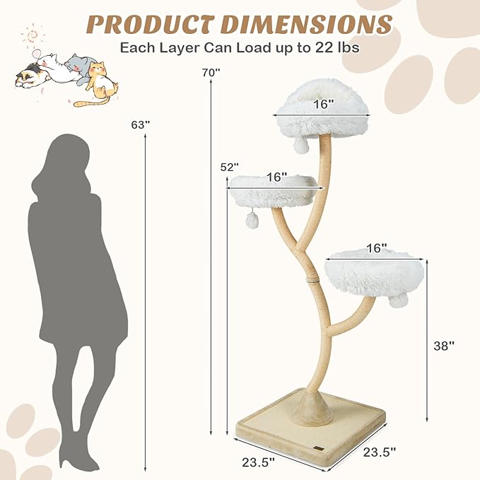 PETSITE 70" Tall Cat Tree, Cat Tower with Scratching Posts and Board, Multi-Level Cat Tower for Large Cats 20 lbs+ with 3 Cozy Perches and Dangling Balls, Modern Cat Tree for Indoor Cats Large Adult-Mewly Pet