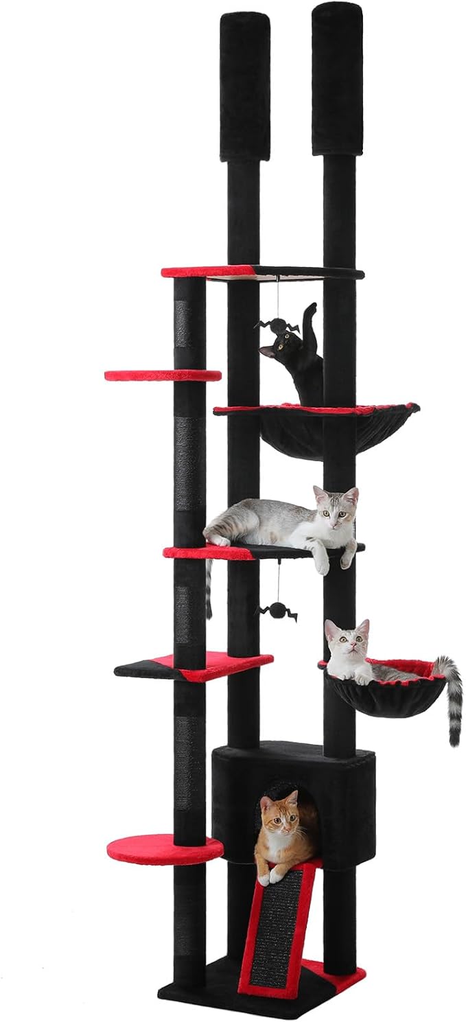 PEQULTI Tall Cat Tree, Floor to Ceiling Cat Tree Tower Adjustable [90.5''-100.4''=230-252CM] with Cat Condo, Hammock and Scratching Post, Gothic Cat Climbing Tree for Indoor Large Cats, Black-Mewly Pet