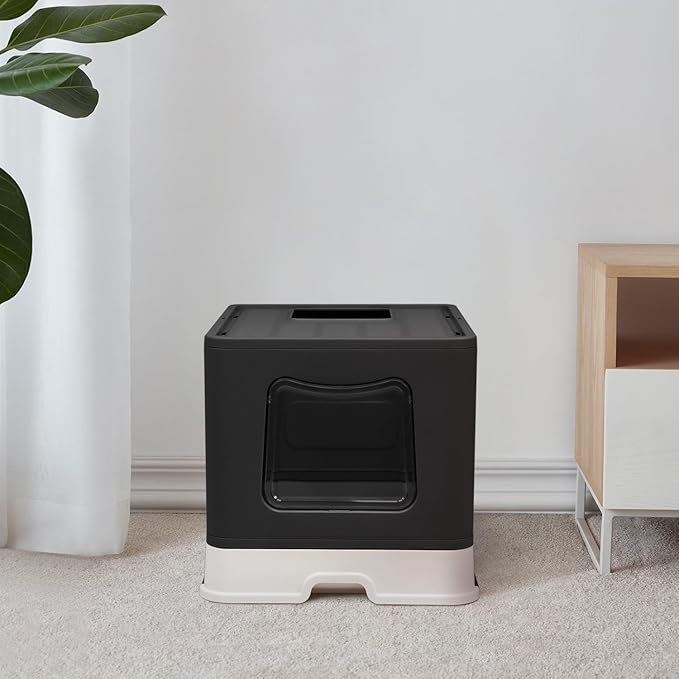 XL Foldable Cat Litter Box with Lid - Jumbo Enclosed Potty - Top Entry Anti-Splashing Toilet - Includes Scoop & 2-in-1 Cleaning Brush (Black)-Mewly Pet