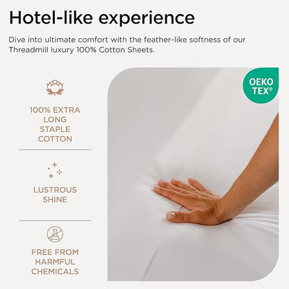Threadmill Luxury 800 Thread Count Twin 100% Cotton Sheets - Hotel White Sateen Weave Bed-Sheets, Better Than Egyptian Cotton,3 Pc Solid Soft Bedding Set, Fits 15" Deep Pocket