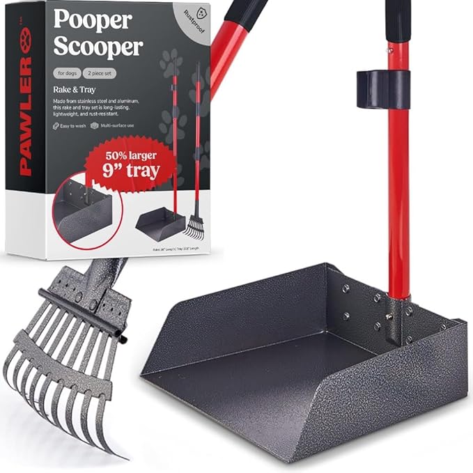 Pooper Scooper for Large Dogs, Small Dogs and Horses, Metal Poop Scooper Set with Long Handle Rake and Tray for Yard, Grass, Dirt or Gravel, Heavy Duty Aluminum Poop Picker Upper-Mewly Pet
