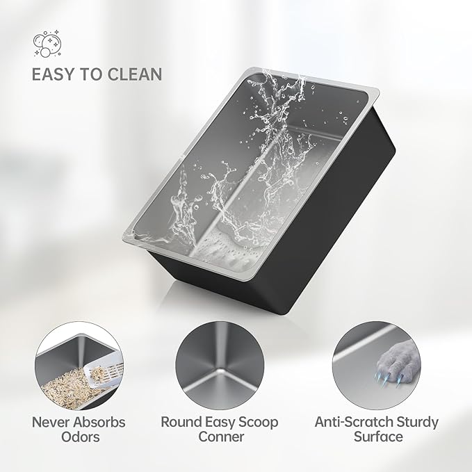 Ohtomber Stainless Steel Litter Box - High Sided Metal Cat Litter Box Pan, Never Absorbs Smell, Easy to Clean Non Stick Cat Litterbox Tray Toilet Pet Supplies for Indoor Kitty, Kitten, Rabbit, Puppy-Mewly Pet