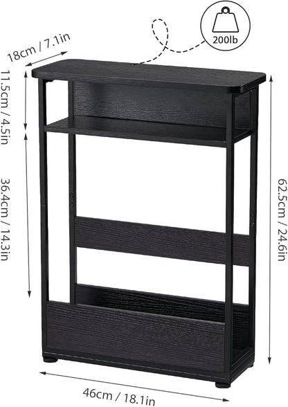 Vintage Narrow Side Table with Storage Shelf, 3 Tier Slim End Table Modern Sofa Table for Narrow and Small Spaces, 24.6 Inch Height Bedside Table Nightstand (Black, Large)