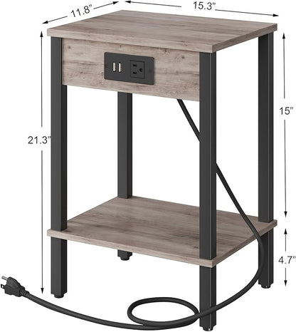 VIMBER Set of 2 End Table with Charging Station, Narrow Side Table with USB Ports and Outlets, Nightstands with 2-Tier Storage Shelves, Sofa Table for Small Space Living Room Bedroom, Greige