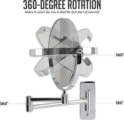 OVENTE 7" Wall Mounted Makeup Mirror with 1X/7X Magnification, Double Sided Magnifying Round Bathroom Vanity Mirror, 360° Swivel Design, Extendable and Folding Arm, Polished Chrome MNLFW70CH1X7X