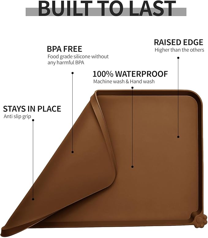 Waterproof Pet Feeding Mat with High Raised Edges, Heavier and Thicker Placemats for Cat Dog Water Bowl with BPA Free, Dogs Cats Food Mats for Messy Drinkers to Prevent Spill and Protect Floors-Mewly Pet
