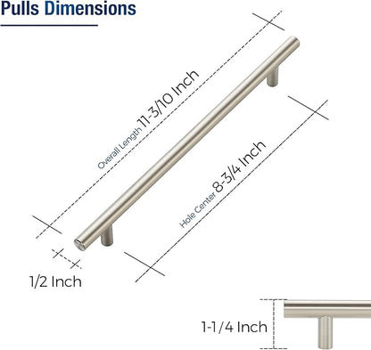 JOY DECOR 5 Pack Cabinet Handles, Brushed Nickel Cabinet Pulls, 8-3/4 in Hole Center Kitchen Cabinet Handles, Stainless Steel T Bar Handles for Dresser Drawers