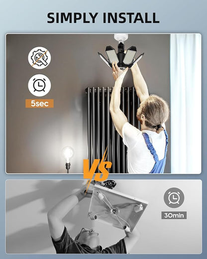 Adiding LED Garage Light Rotatable, Bright Basement Shop Ceiling Bay Lighting Fixture w/ 6 Adjustable Panels Screw in E26 E27 Bulb Base for Attic, Shed, Warehouse, Home Gym, Utility, Workshop