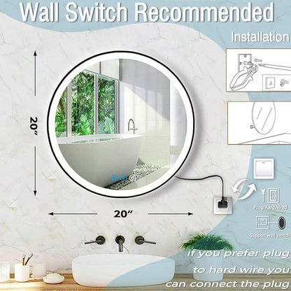 Black Frame Round Lighted Vanity Mirror with Lights Smart Memory 3 Color Dimmable Frontlight Anti-Fog 20 Inch Black Framed Circle Round LED Mirror for Bathroom Wall Makeup