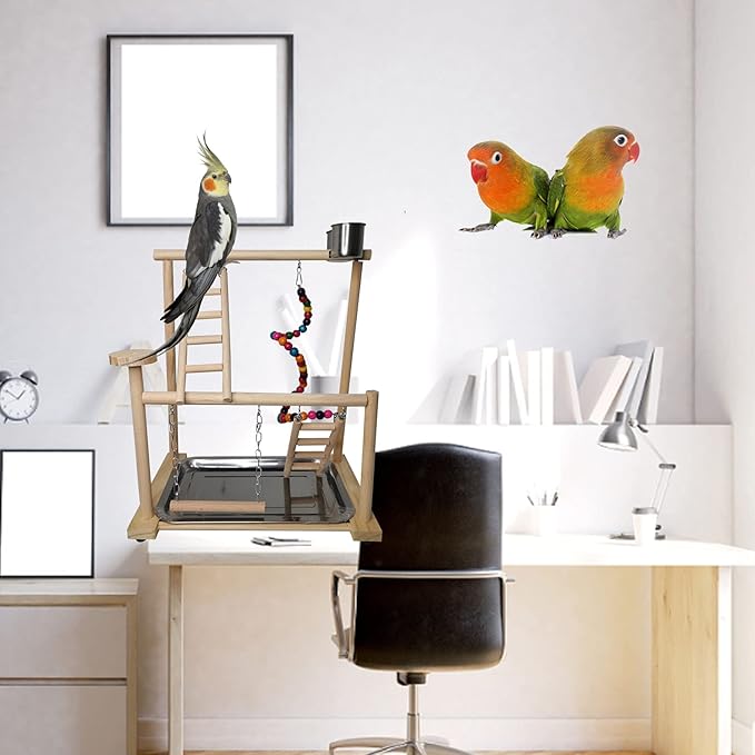 Parrots Playground, Bird Play Gym Wood Perch Stand Colours Revolving Climb Ladders Swing Chewing Toys with Parakeet Feeding Cups Exercise Activity Center for Conure Cockatiel Lovebirds(Include a Tray)-Mewly Pet