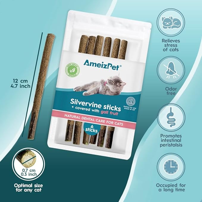Silvervine Sticks for Cats, Chew Sticks Covered with Gall Fruit Dust - Natural Matatabi Cat Dental Care, Catnip Cat Teeth Cleaning, 6 Pcs-Mewly Pet