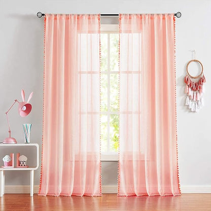 Treatmentex Pompom Sheer Curtain Panels for Living Room Bedroom 52" w x 108" l Blush-Pink Window Curtain Drapes for Baby Girl's Room