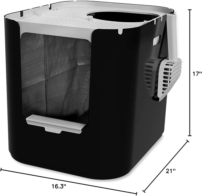 Modkat® XL Litter Box, Top or Front-Entry Configurable, Full Height Seamless Base, Reusable Litter Liners, Sifting Litter Scoop, 2X Bamboo Charcoal Filters - Black-Mewly Pet