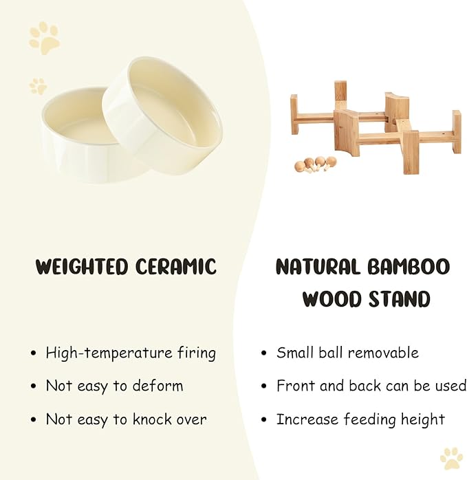 SPUNKYJUNKY 15° Slanted Ceramic Dog and Cat Bowl with Wooden Stand, Tilted Bulldog Food and Water Bowl No Slip Non-Spill for Cats Medium Dogs Big Face Pets 13.5 OZ (1.7 Cups, Beige × 2)-Mewly Pet