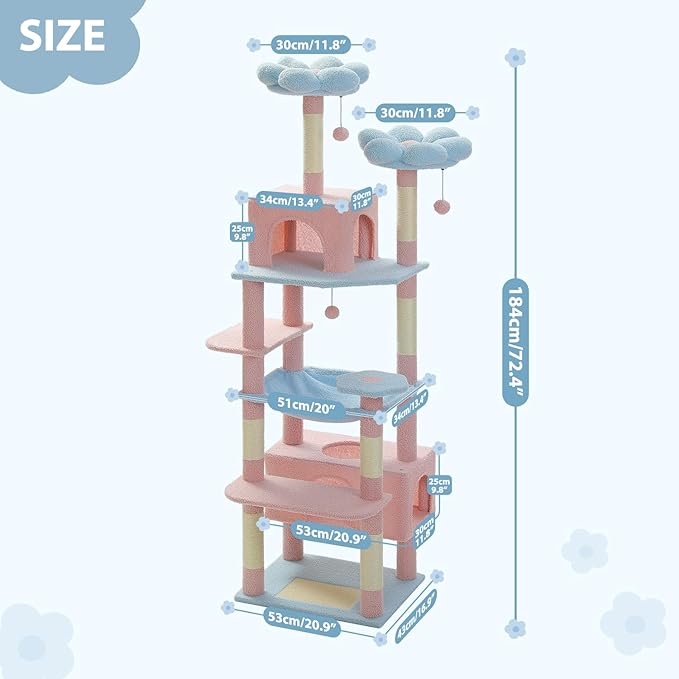 PAWZ Road Flower Cat Tree, 72 Inches Large Cat Tower with Steel Frame Hammock and 7 Scratching Posts, Tall Cat Tree with 2 Condos and Perches for Large Indoor Cats - Blue-Mewly Pet