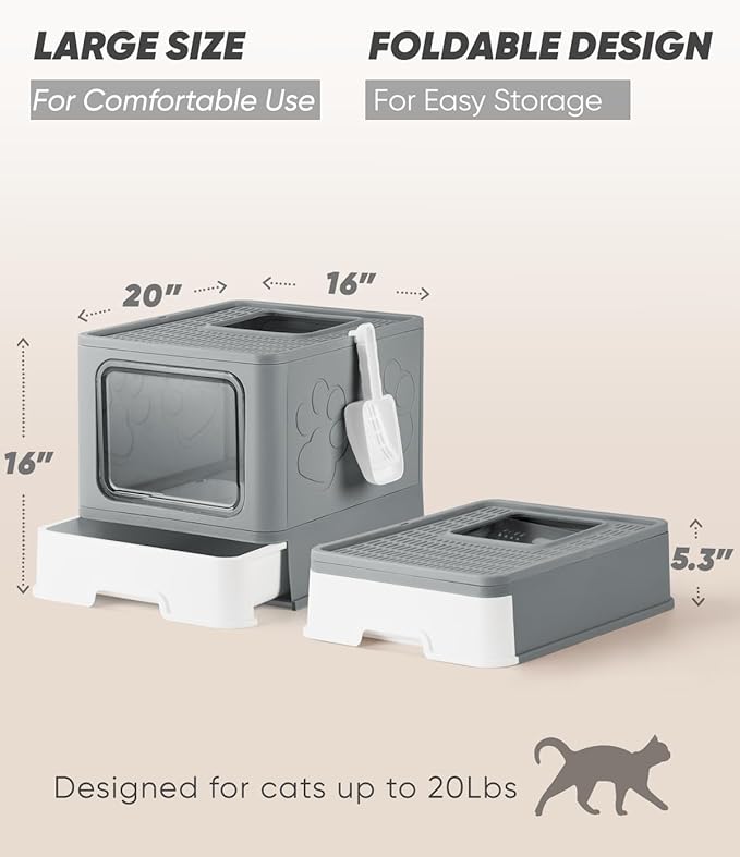 Enclosed Cat Litter Box, Large Litter Box for Big Cats, Covered Kitty Litter Boxes with Lid, Top Entry Cat Box Enclosure with Scoop, Odor Control, Easy to Clean(Grey)-Mewly Pet