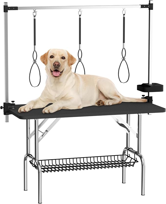 VFK 47'' Large Dog Grooming Table Stainless Steel Foldable Grooming Table for Dogs at Home Adjustable Height Arms Pet Station with Nooses, Mesh Tray, Tool Organizer-Mewly Pet