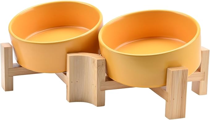 SPUNKYJUNKY 15° Slanted Ceramic Dog and Cat Bowl with Wooden Stand, Tilted Bulldog Food and Water Bowl No Slip Non-Spill for Cats Medium Dogs Big Face Pets 13.5 OZ (1.7 Cups, Yellow × 2)-Mewly Pet