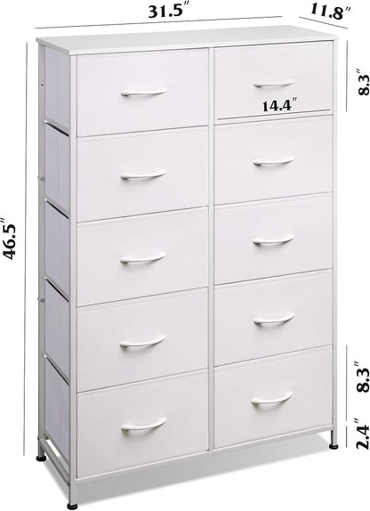 WLIVE Fabric Dresser for Bedroom with 10 Drawers, Tall Chest of Drawers, White Dressers Bedroom Furniture, Storage Organizer Unit with Bins for Closet, Hallway, Living Room, Entryway