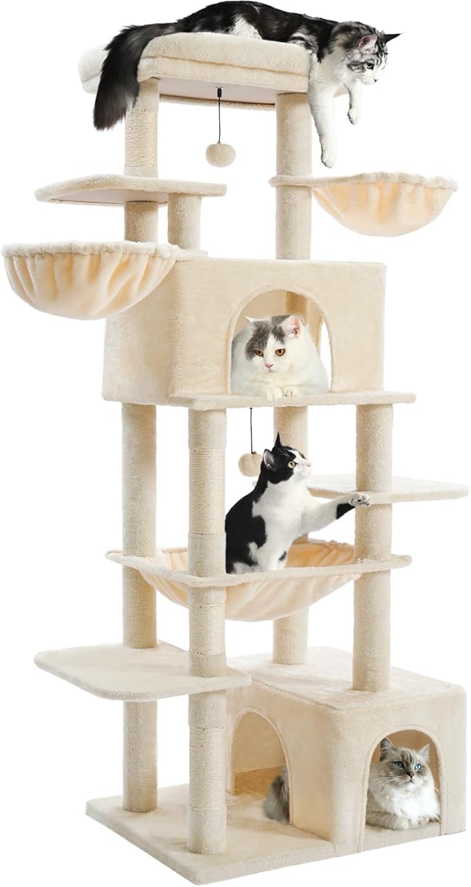 Cat Tree Large Cat Tower Tree 68" Multi-Level Cat Tower for Indoor Cats with Sisal Scratching Posts, Widen Cat Perche, Square Hammock, 2 Widen Condos, Scratching Posts, Beige-Mewly Pet